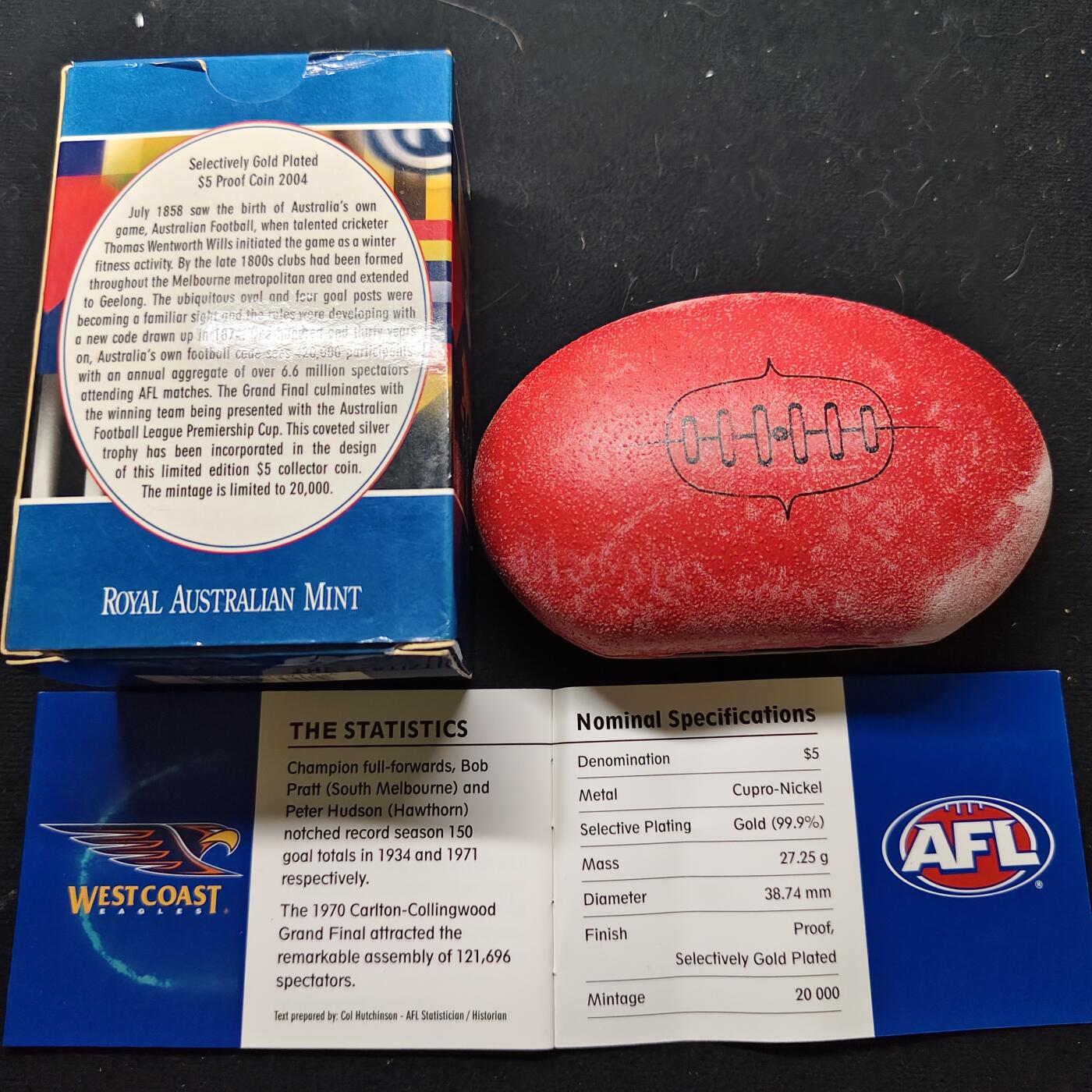 【全场包邮】纯粹捡漏拍479场（免费代拍第16场） 澳大利亚2004年5元澳式足球联盟（AFL）精制999纯金镀金纪念币-橄榄球形原盒带证书