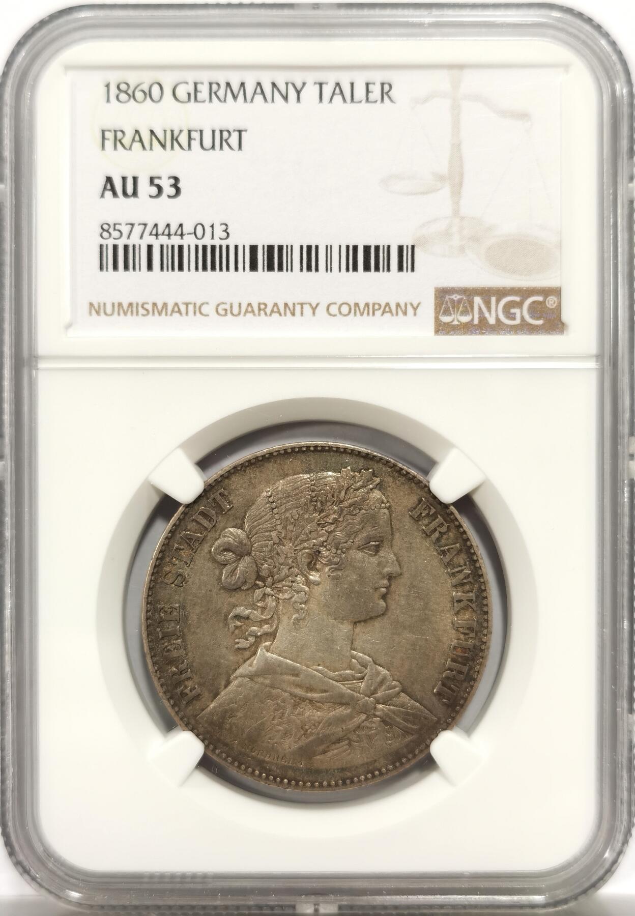 博洋堂世界钱币拍卖第147期（全场包邮） NGC AU53 德国法兰克福1860年少女1泰勒银币