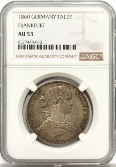 博洋堂世界钱币拍卖第147期（全场包邮） - NGC AU53 德国法兰克福1860年少女1泰勒银币