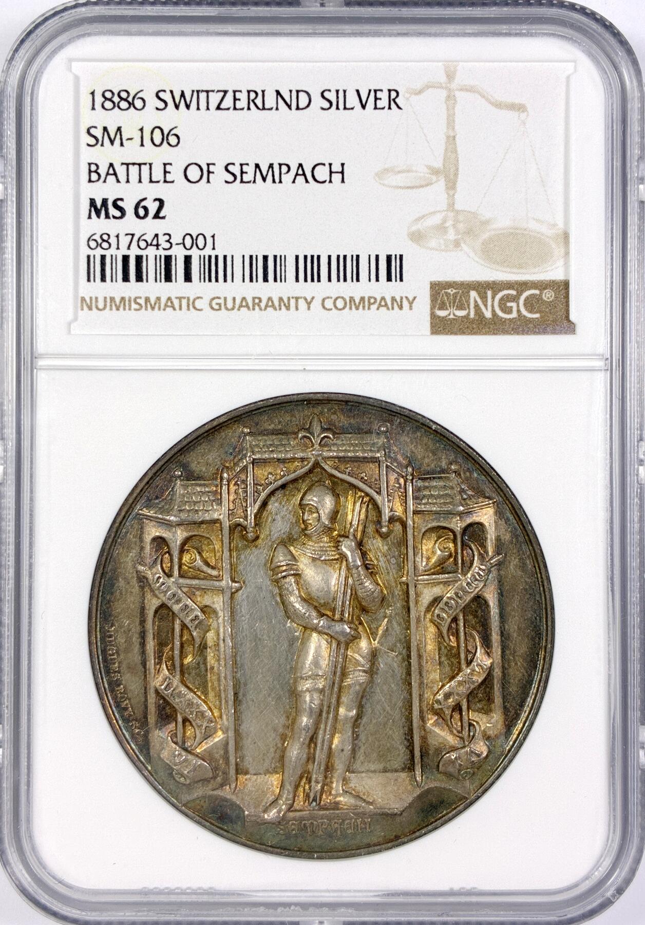 【雨安】【世界币章116期-评级币专场】2025-11-22 周六 19:30 保真【直播拍卖】 [评级章] Switzerland 章 瑞士 1886年 森帕赫战役 1386年瑞士联邦与奥地利哈布斯堡王朝之间的关键战役 银章  NGC-MS62