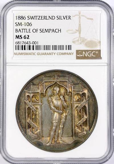 【雨安】【直播拍卖】【世界币章116期-评级币】2025-11-22 周六 19:30 保真 - [评级章] Switzerland 章 瑞士 1886年 森帕赫战役 1386年瑞士联邦与奥地利哈布斯堡王朝之间的关键战役 银章  NGC-MS62