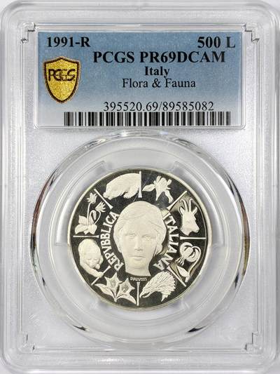 【雨安】【世界币章116期-评级币专场】2025-11-22 周六 19:30 保真【直播拍卖】 - [评级现代] Italy 意大利 500里拉 1991年 动物和植物 PCGS-PR69DCAM