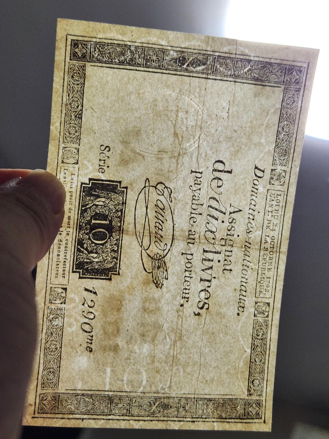 11月19号晚上8点 外国纸币自动截拍第61场 法国大革命时期 1793年 指券 (Assignat) 10里弗 纸币