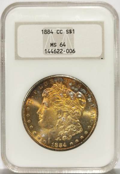 博洋堂藏家专场系列之美国钱币白金之夜专场暨第148期（全场包邮） - NGC MS64 美国1884 CC 摩根 老肥皂盒 严评 人像面均匀覆盖极为漂亮金黄色包浆 鹰面环状金色包浆 此版别难得有此完美包浆 极为难得 绝佳藏品