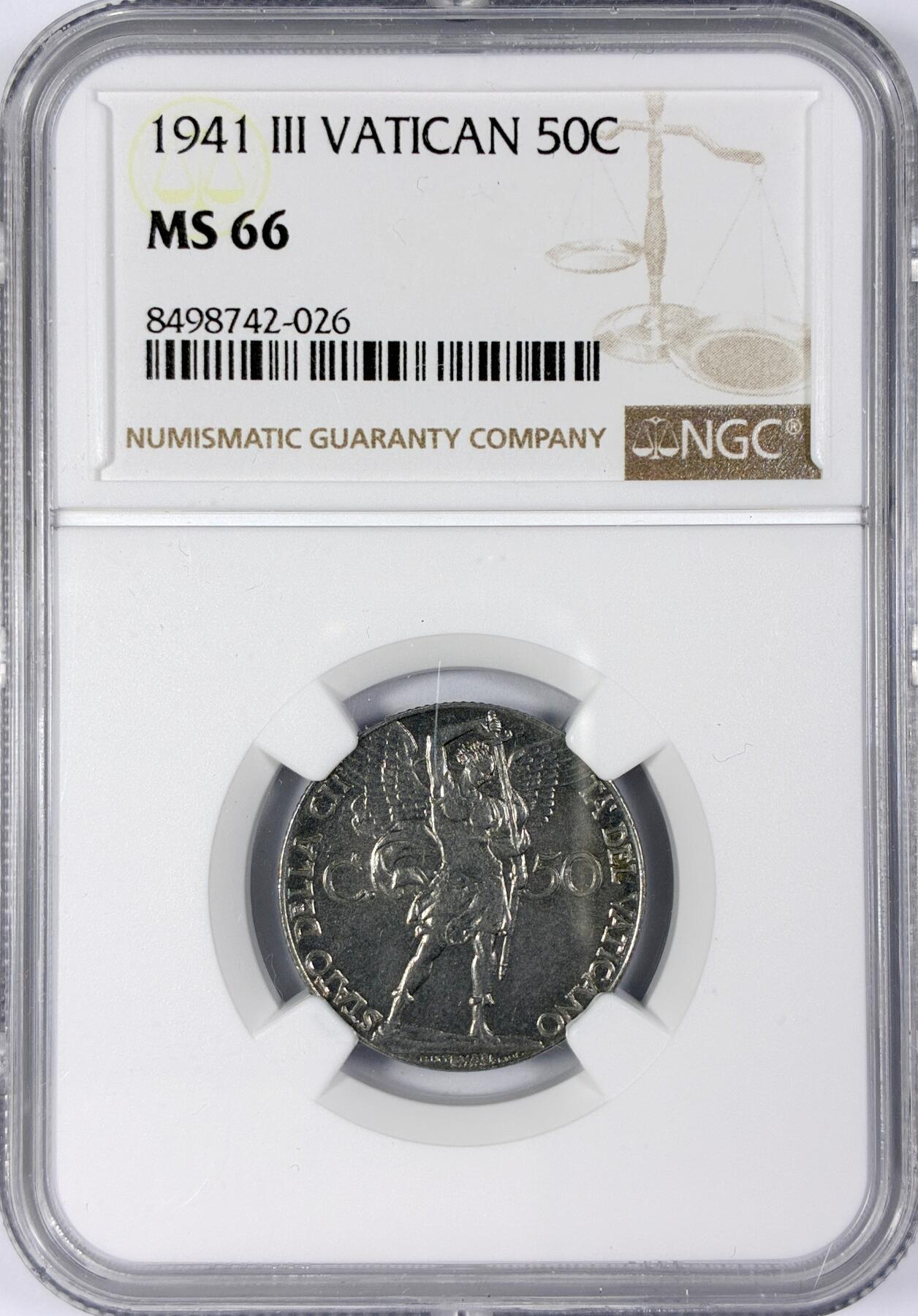 【雨安】【世界币章116期-评级币专场】2025-11-22 周六 19:30 保真【直播拍卖】 [评级欧洲] Vatican 梵蒂冈 50分 1941年  NGC-MS66