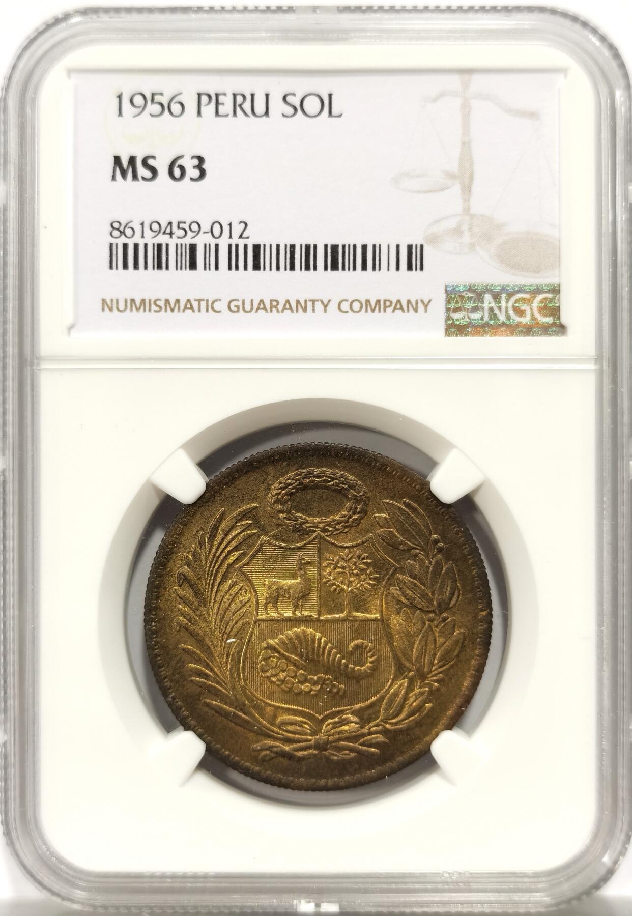 博洋堂世界钱币拍卖第147期（全场包邮） 亚军分 NGC MS63 秘鲁1956年1索尔大铜币 少见品种，南美主币有潜力。