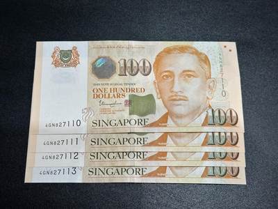 《外钞收藏家》第五百八十六期（品种丰富、精品多）（本平台长期征集拍品、欢迎藏友们联系合作） - 新加坡人像纸币版100元 4连号（110-113） 全新UNC