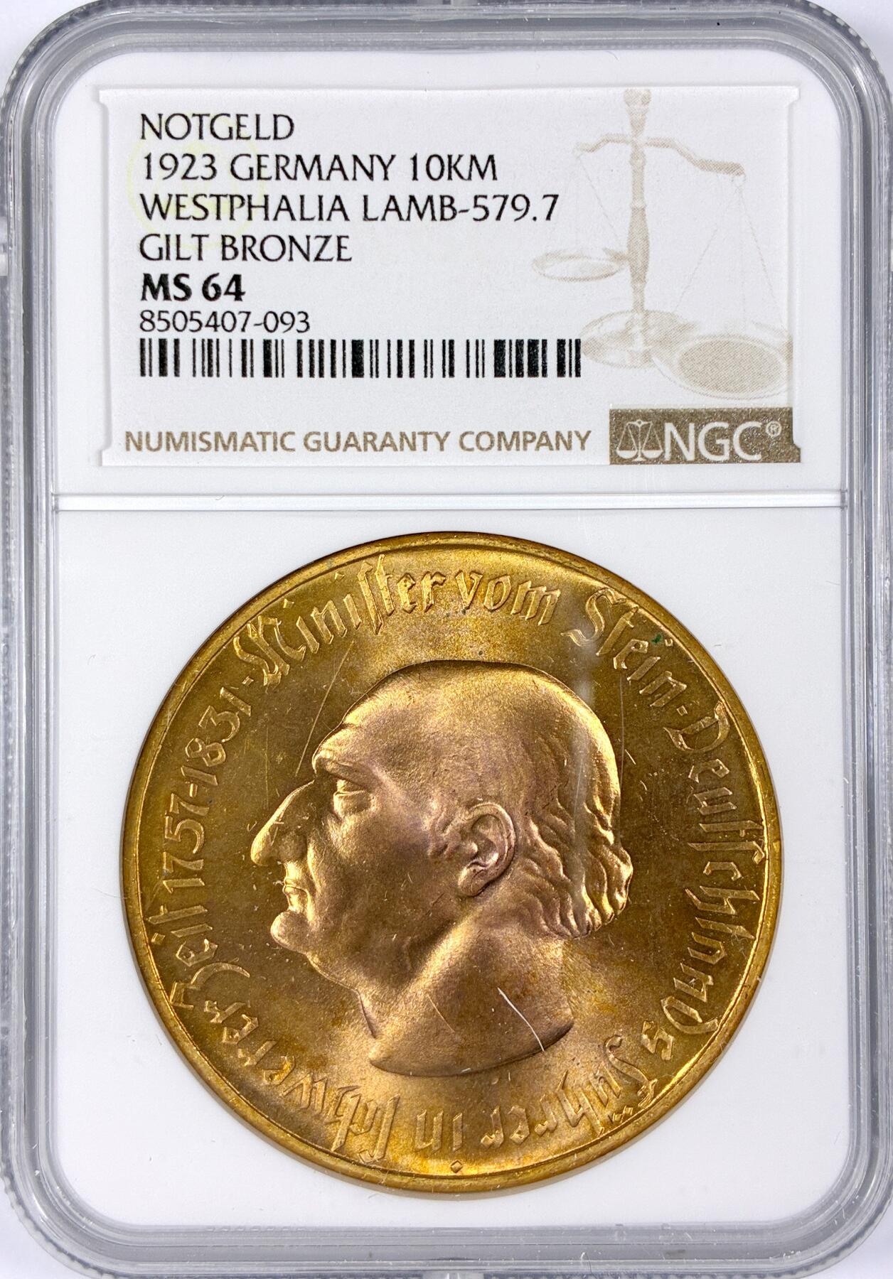 【雨安】【世界币章116期-评级币专场】2025-11-22 周六 19:30 保真【直播拍卖】 [评级德国] Germany 德国 德紧 威斯特法伦 10000马克 1923年  NGC-MS64