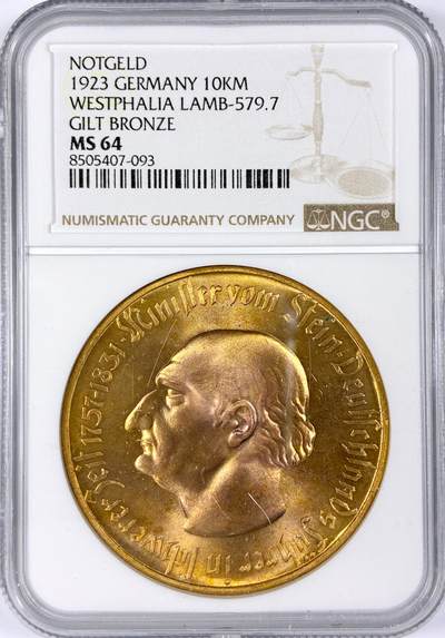 【雨安】【世界币章116期-评级币专场】2025-11-22 周六 19:30 保真【直播拍卖】 - [评级德国] Germany 德国 德紧 威斯特法伦 10000马克 1923年  NGC-MS64