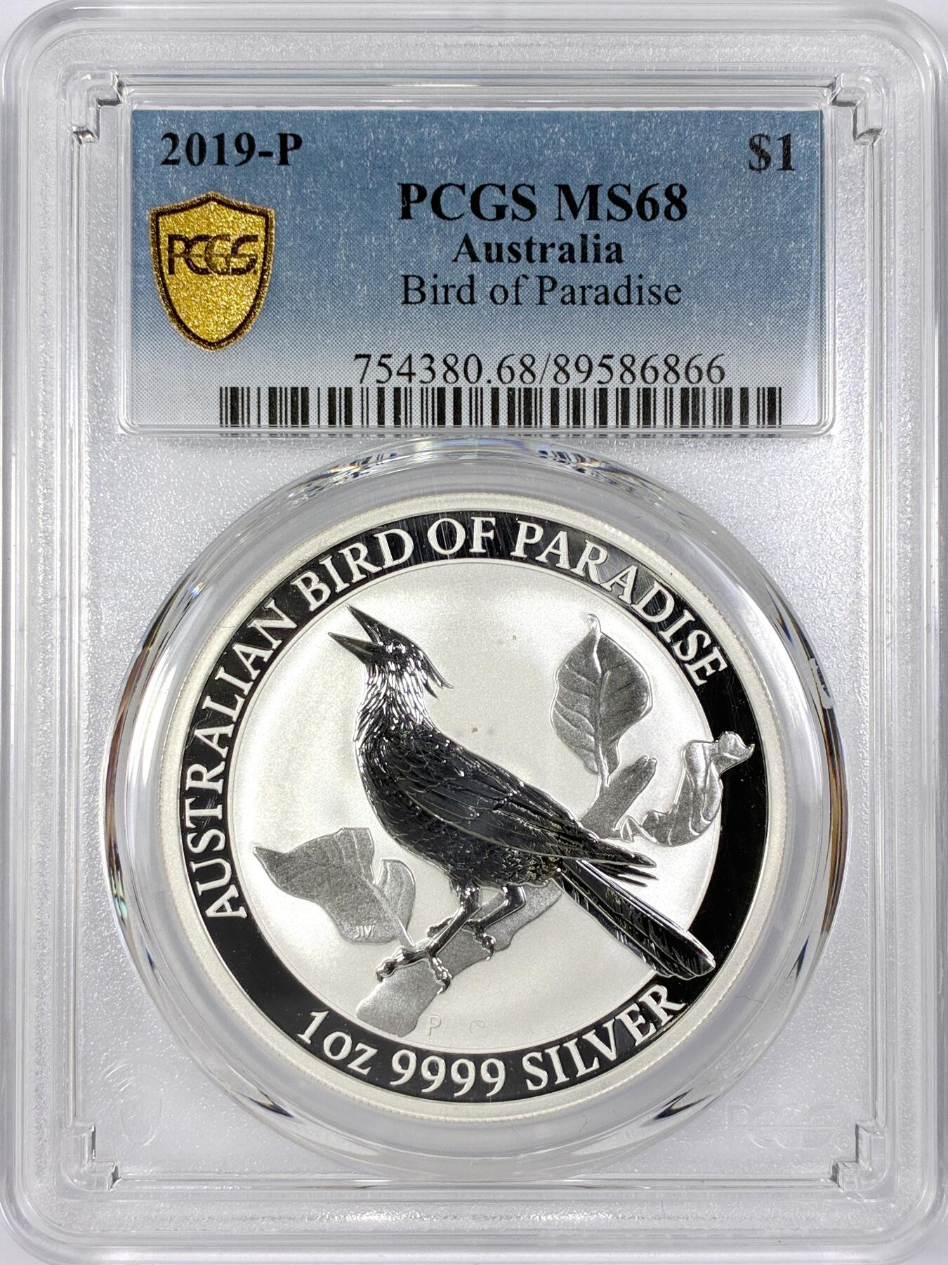 【雨安】【世界币章116期-评级币专场】2025-11-22 周六 19:30 保真【直播拍卖】 [评级现代] Australia 澳大利亚 投资银 天堂鸟 1盎司 2019年  PCGS-MS68