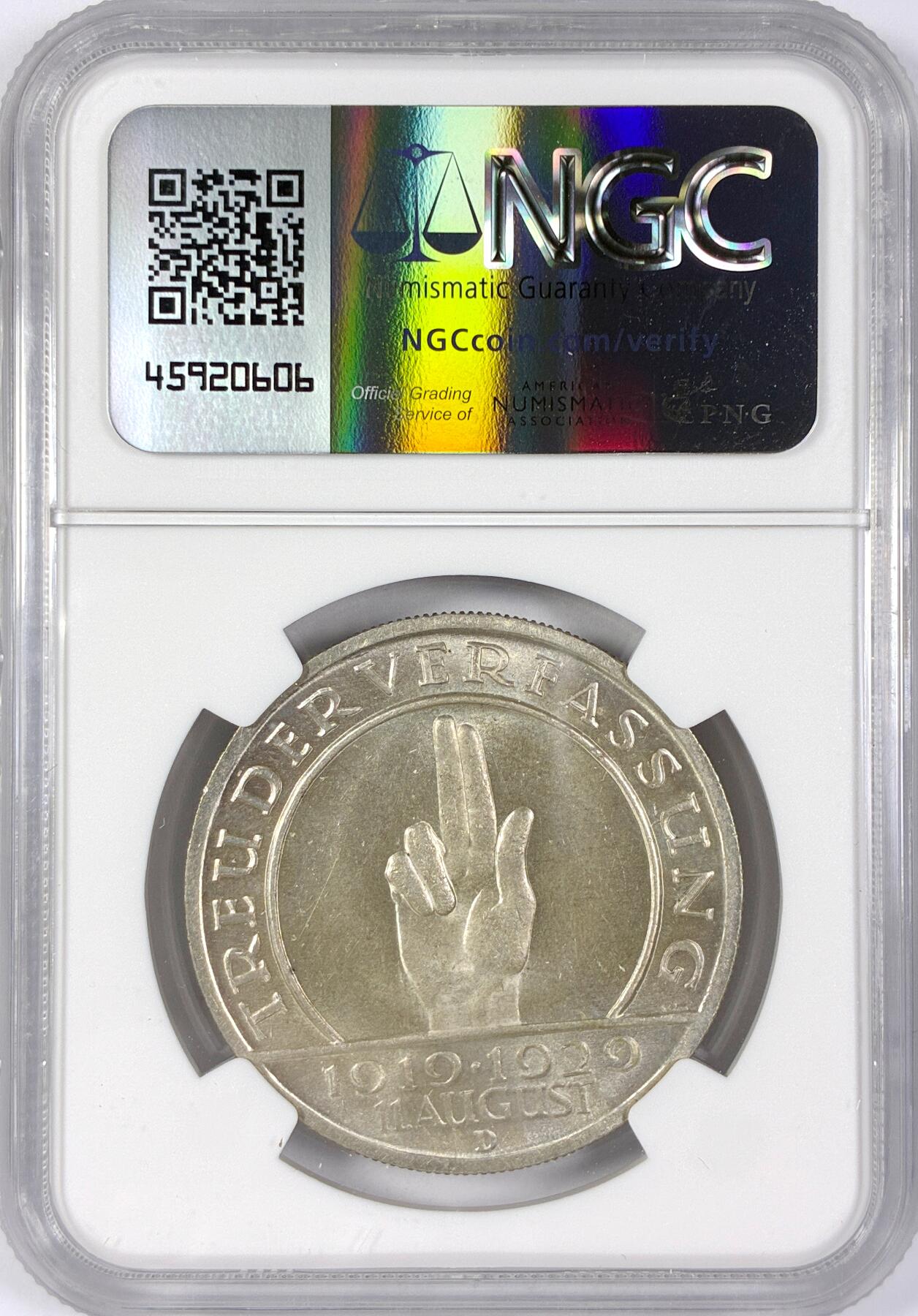 【雨安】【世界币章116期-评级币专场】2025-11-22 周六 19:30 保真【直播拍卖】 [评级德国] Germany 德国 魏玛 5马克 KM#64 魏玛宪法 1929年D  NGC-MS64