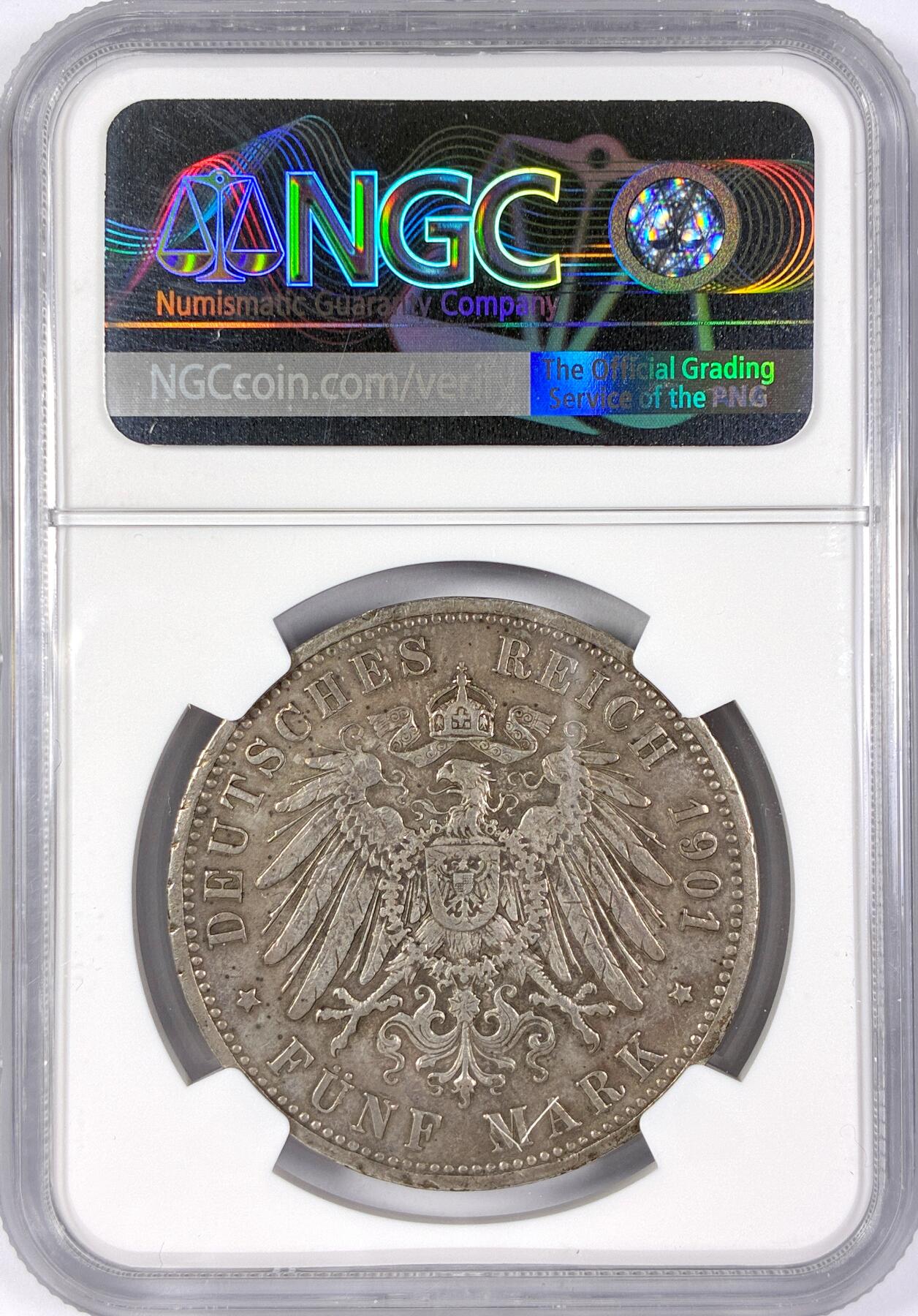 【雨安】【世界币章116期-评级币专场】2025-11-22 周六 19:30 保真【直播拍卖】 [评级德国] Germany 德国 帝国 J.095 奥尔登堡 5马克 (1900-1901) 1901年 NGC-XF 非常少见的品种