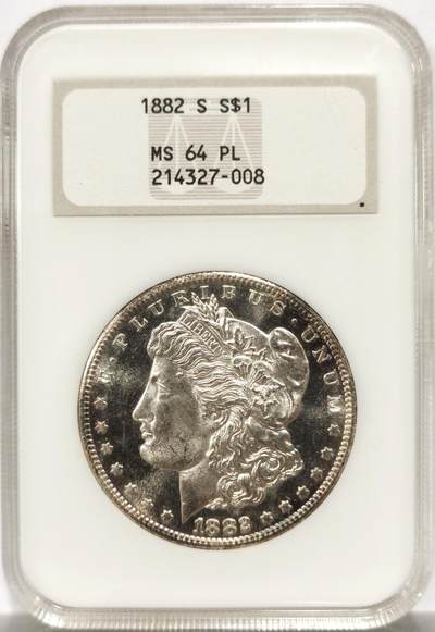 博洋堂藏家专场系列之美国钱币白金之夜专场暨第148期（全场包邮） - NGC MS64PL 美国1882 S 摩根 老肥皂盒 严评 镜面底板 霜感强烈 双面赤褐色环状包浆