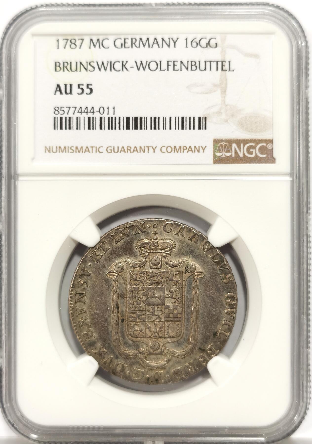 博洋堂世界钱币拍卖第147期（全场包邮） NGC AU55 德国布伦瑞克-沃芬布特尔1787年16GG（1/2泰勒）银币