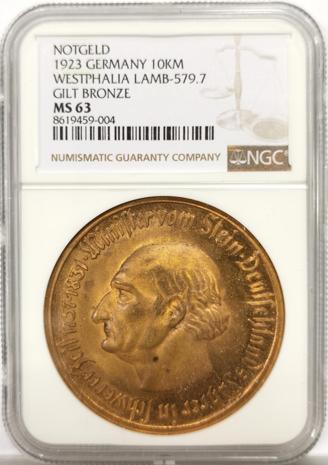 博洋堂世界钱币拍卖第147期（全场包邮） NGC MS63 1923年德国德紧威斯特伐利亚1万马克大铜币，经典品种，转光好品。