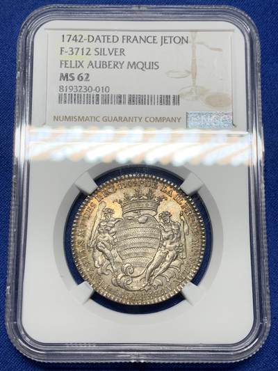 《竞宝斋》第440场 周日，周一，周二 3场连拍 （全场包邮） - NGC MS62 法国1742年法兰西岛巴黎城镇银质代币，Félix Aubery的纹章，由两个赫拉克勒斯组成