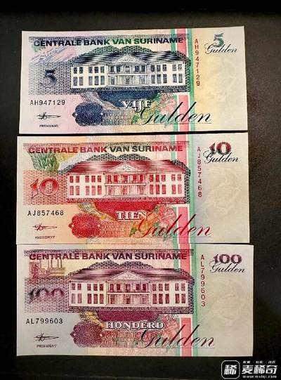 全新苏里南1998年A冠5、10、100盾靓品纸币3枚一组 - 全新苏里南1998年A冠5、10、100盾靓品纸币3枚一组