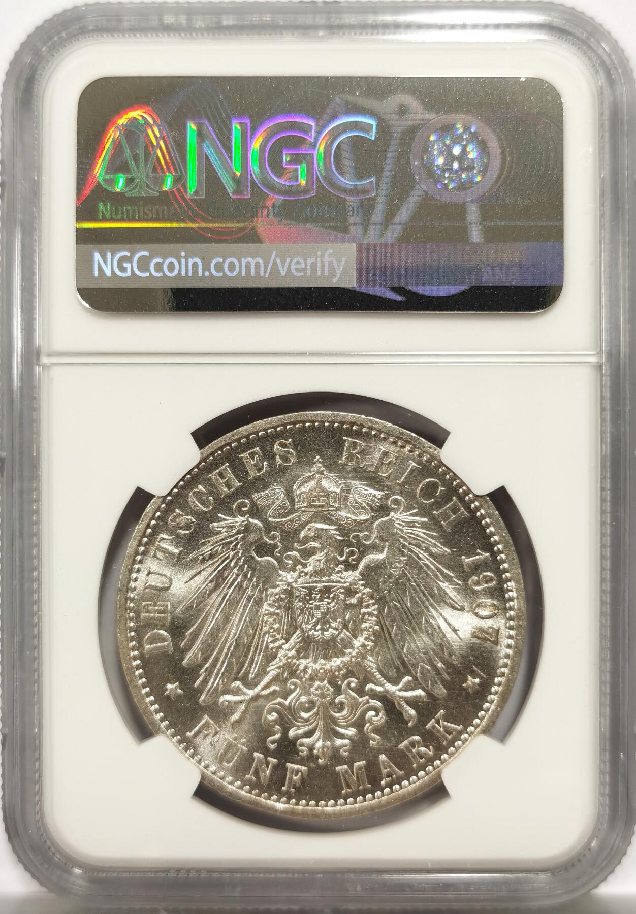 博洋堂世界钱币拍卖第147期（全场包邮） NGC MS63 德国普鲁士1907年威廉二世流通5马克银币