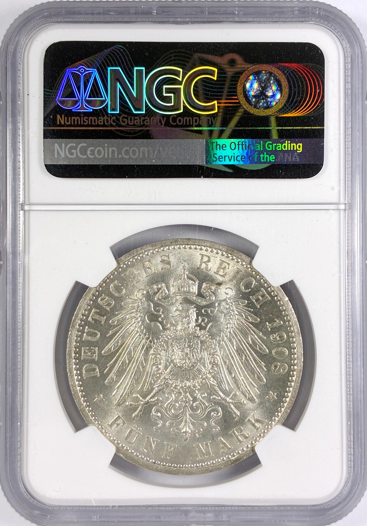 【雨安】【世界币章116期-评级币专场】2025-11-22 周六 19:30 保真【直播拍卖】 [评级德国] Germany 德国 帝国 J.161 萨克森-魏玛-艾森纳赫 5马克 (1908) 耶拿大学 1908年  NGC-MS64