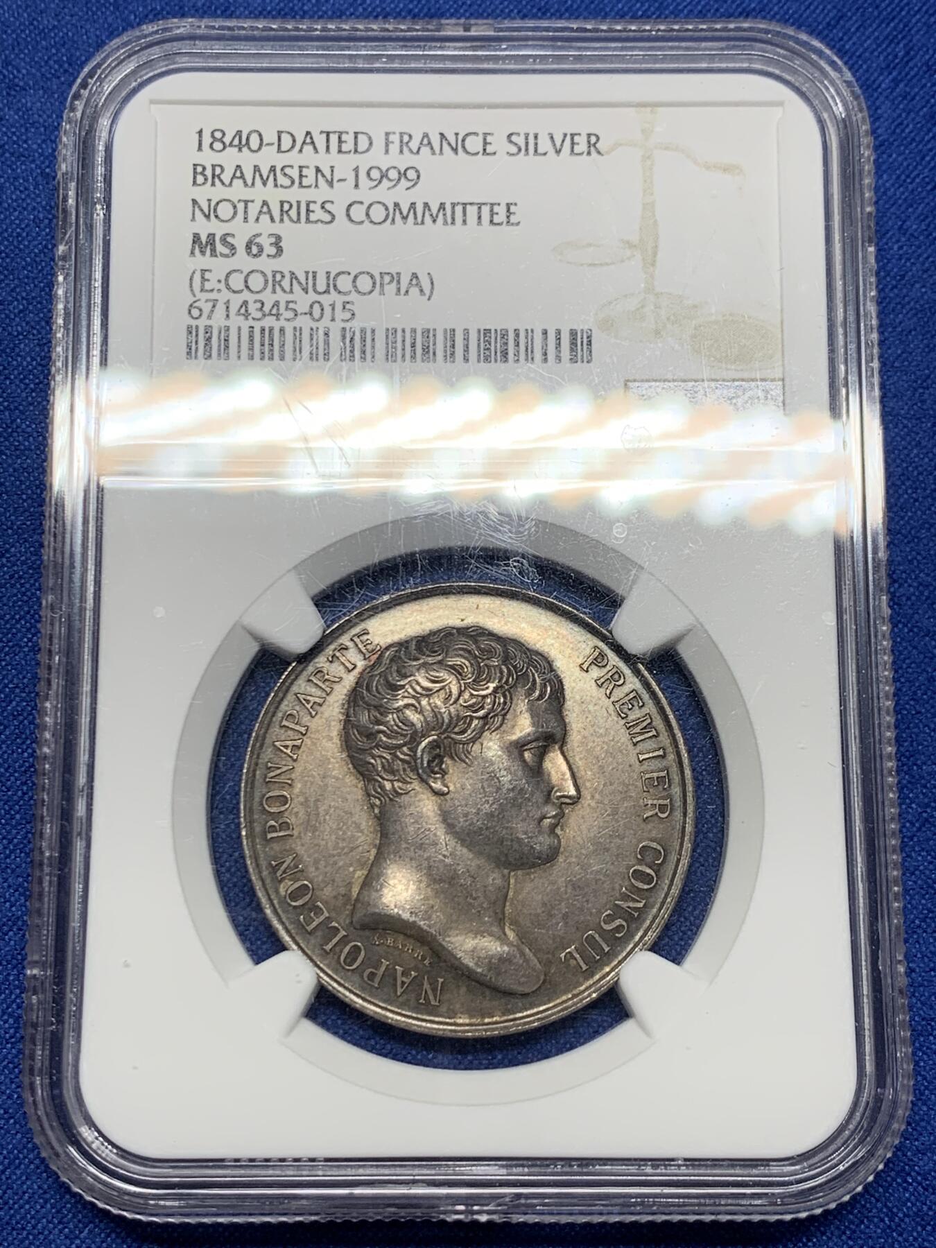 《竞宝斋》第440场 周日，周一，周二 3场连拍 （全场包邮） NGC MS63 法国公证人委员会银质代币 正面拿皇-波拿巴