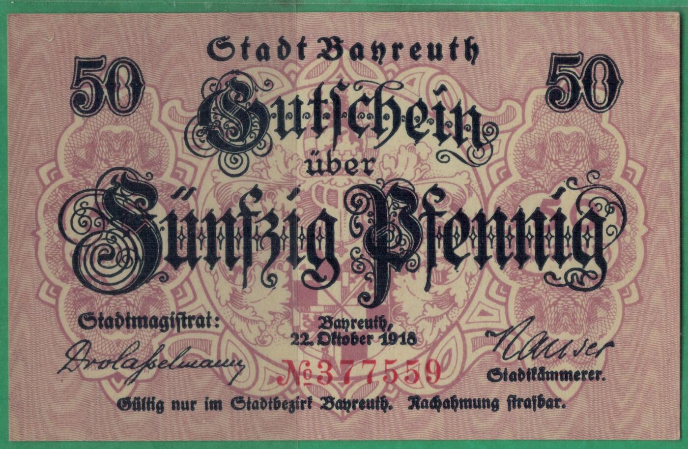 德国巴伐利亚州拜罗伊特市1918年50芬尼(紧急状态币) 无4 实物图 UNC