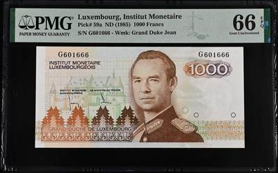 《外钞收藏家》第五百八十六期（品种丰富、精品多）（本平台长期征集拍品、欢迎藏友们联系合作） - 1985年卢森堡1000法郎 PMG66 豹子号666 倒置号 非常难得的好号码