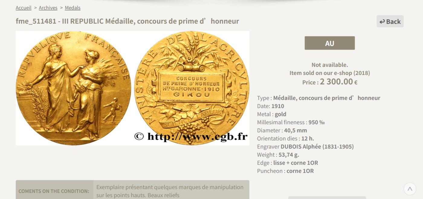 PCGS-SP65法国1913年Vosges农业部荣誉金质奖章