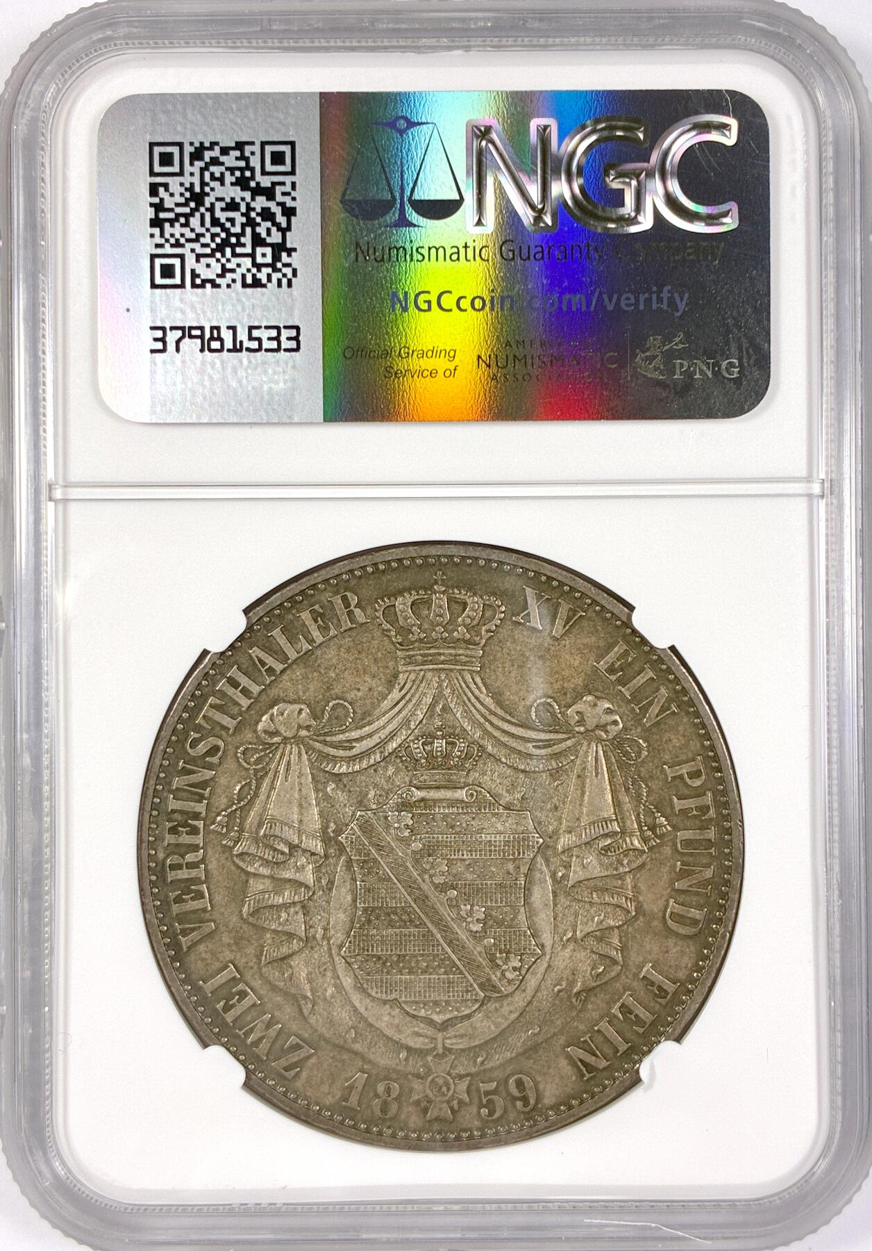 【雨安】【世界币章116期-评级币专场】2025-11-22 周六 19:30 保真【直播拍卖】 [评级德国] Germany 德国 德意志 2泰勒 Saxony萨克森 Thun.338 KM#1195 约翰.小纹章 1859年  NGC-AU