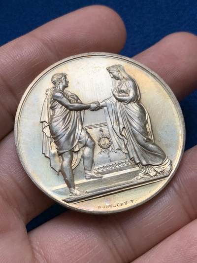 《竞宝斋》第440场 周日，周一，周二 3场连拍 （全场包邮） - 法国婚姻与爱情纪念镀金银章，31.92g，41.3mm，蜜蜂边铭