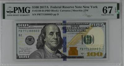 【礼羽收藏】🌏世界钱币拍卖第112期 - 2017A 100美元 狮子尾号8888 号码无4 PMG67EPQ