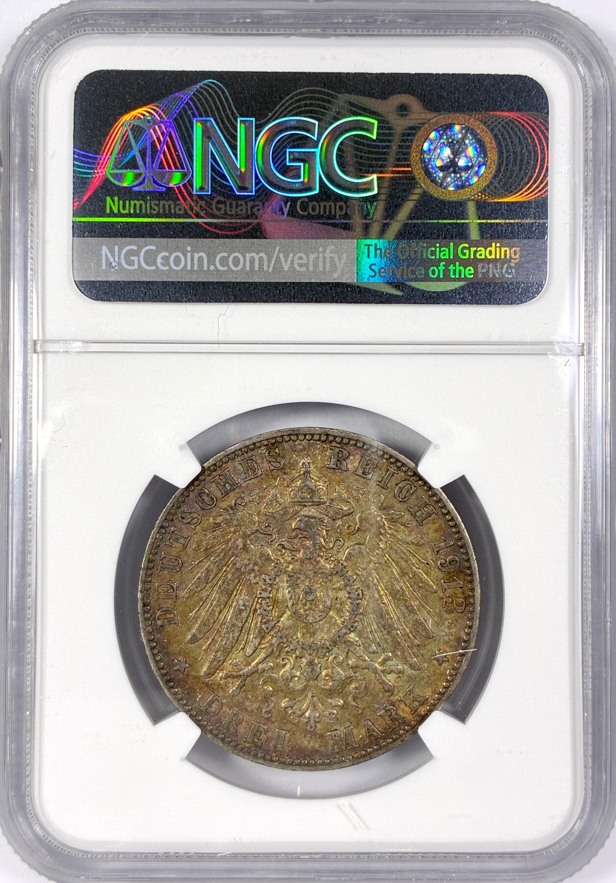 【雨安】【世界币章116期-评级币专场】2025-11-22 周六 19:30 保真【直播拍卖】 [评级德国] Germany 德国 帝国 汉堡 3马克 1913年  NGC-AU55