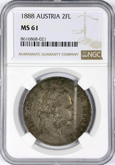 【雨安】【世界币章116期-评级币专场】2025-11-22 周六 19:30 保真【直播拍卖】 - [评级欧洲] Austria 奥地利 2弗洛林 KM#2233 (1872-1892)  弗朗茨·约瑟夫一世 1888年  NGC-MS61 原味均匀老包浆