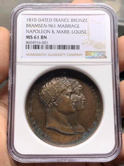 《竞宝斋》第440场 周日，周一，周二 3场连拍 （全场包邮） - NGC MS61BN 法国1810年原铸拿破仑&玛丽路易丝纪念大铜章