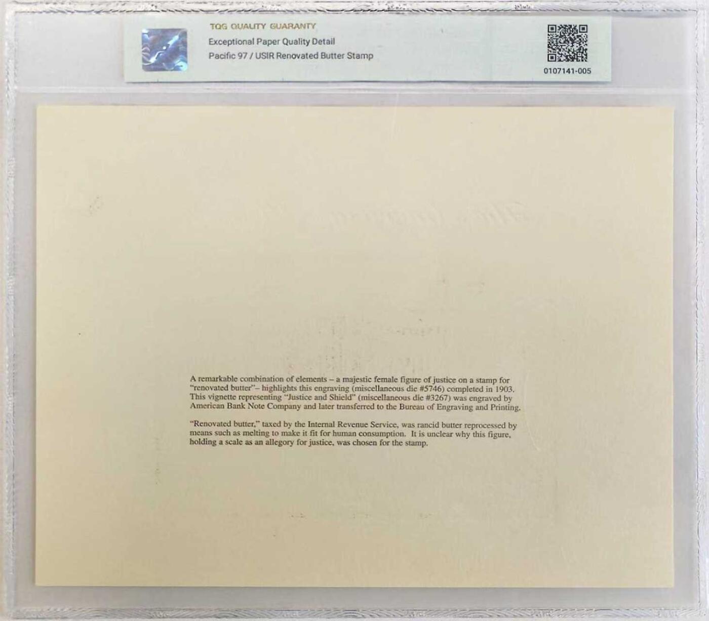 《外钞收藏家》第五百八十六期（品种丰富、精品多）（本平台长期征集拍品、欢迎藏友们联系合作） 1997年 美国铸印局（ BEP） 加工黄油税票（Renovated Butter）纪念卡 原版票据1902年间由美国国税局（United States Internal Revenue）颁布使用 该雕刻版税票纪念卡为百年原票母版印制（非普通平面印刷） 并限量发行 加贴1996年32美分邮票以及纪念戳 乃高价原版老票据收藏欣赏之平替