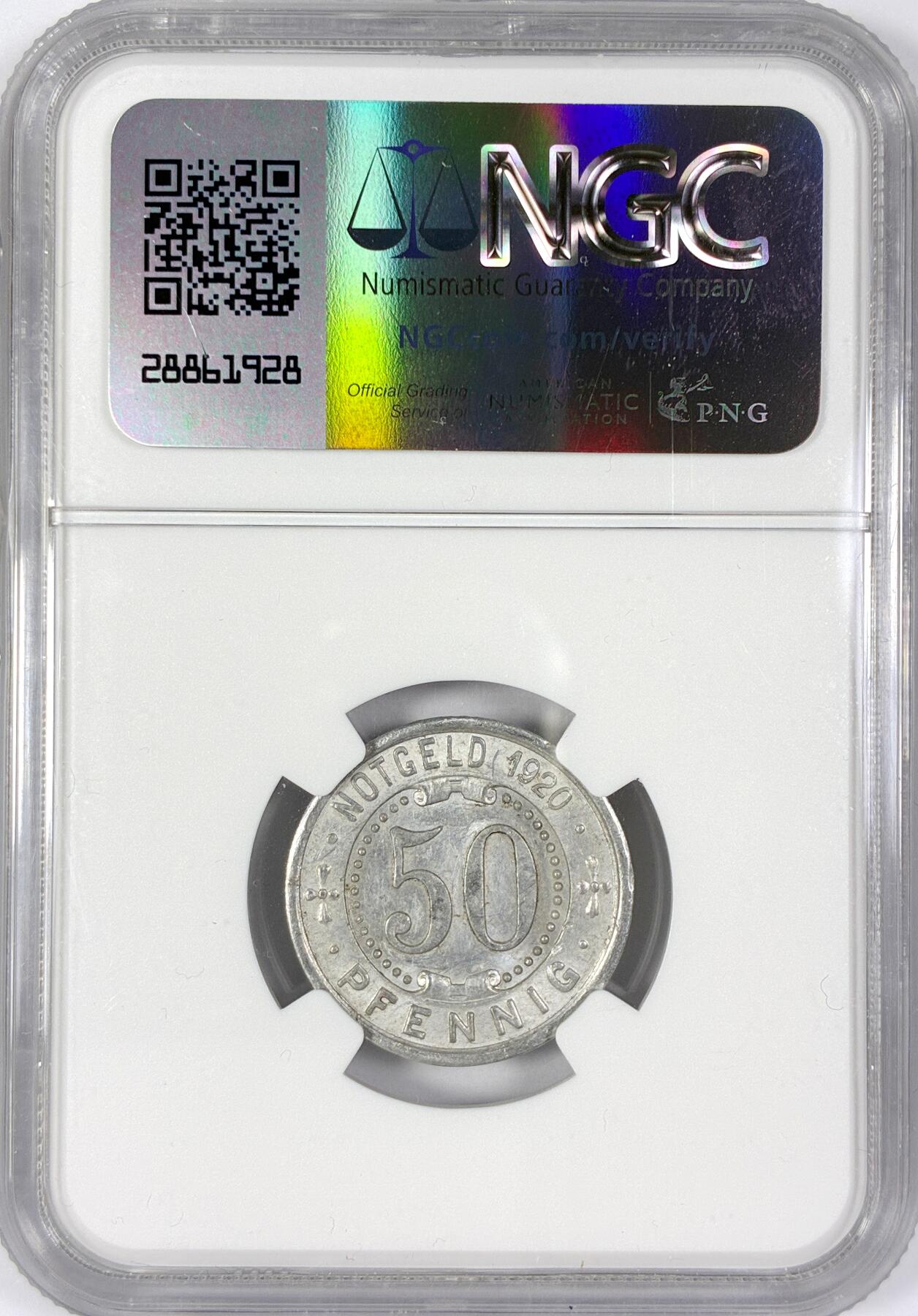 【雨安】【世界币章116期-评级币专场】2025-11-22 周六 19:30 保真【直播拍卖】 [评级德国] Germany 德国 德紧 门登 50芬尼 1920年  NGC-MS62