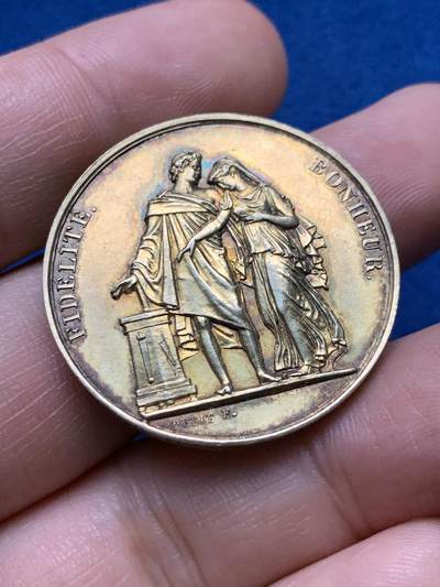 《竞宝斋》第440场 周日，周一，周二 3场连拍 （全场包邮） - 法国1835年结婚纪念镀金银章，16.29g，32.9mm，油灯边铭