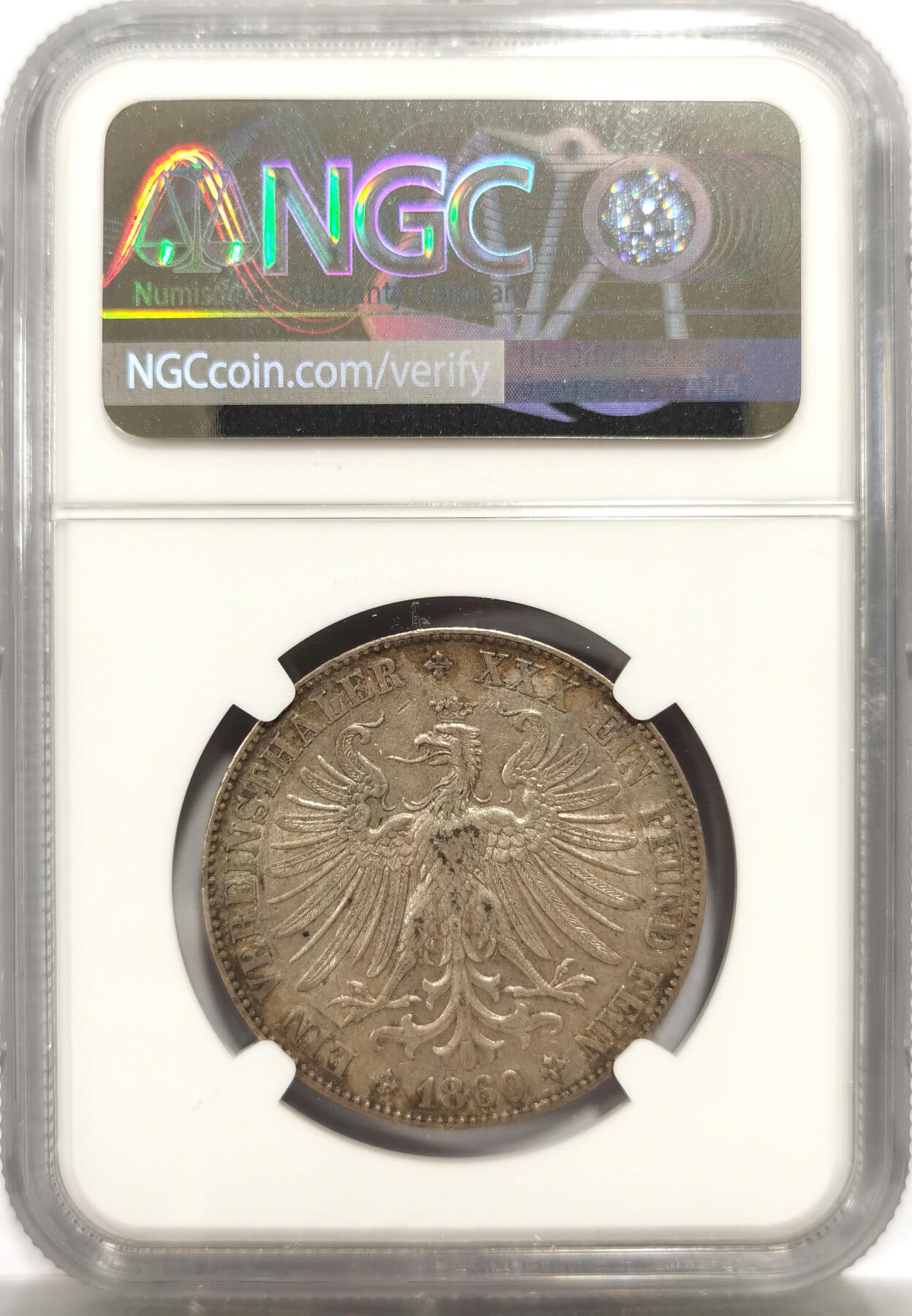 博洋堂世界钱币拍卖第147期（全场包邮） NGC AU53 德国法兰克福1860年少女1泰勒银币