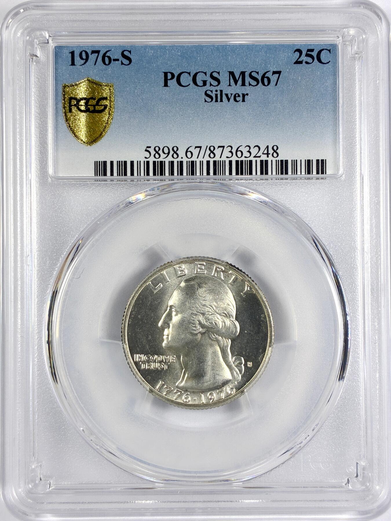 【雨安】【世界币章116期-评级币专场】2025-11-22 周六 19:30 保真【直播拍卖】 [评级美洲] USA 美国 25美分 KM#0164 (1932-1964) 华盛顿 1976年S  PCGS-MS67