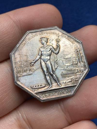 《竞宝斋》第440场 周日，周一，周二 3场连拍 （全场包邮） - 法国JETON银质八角，波尔多市商业经纪公司，直径30.6毫米，克重13.8，边铭：丰饶角