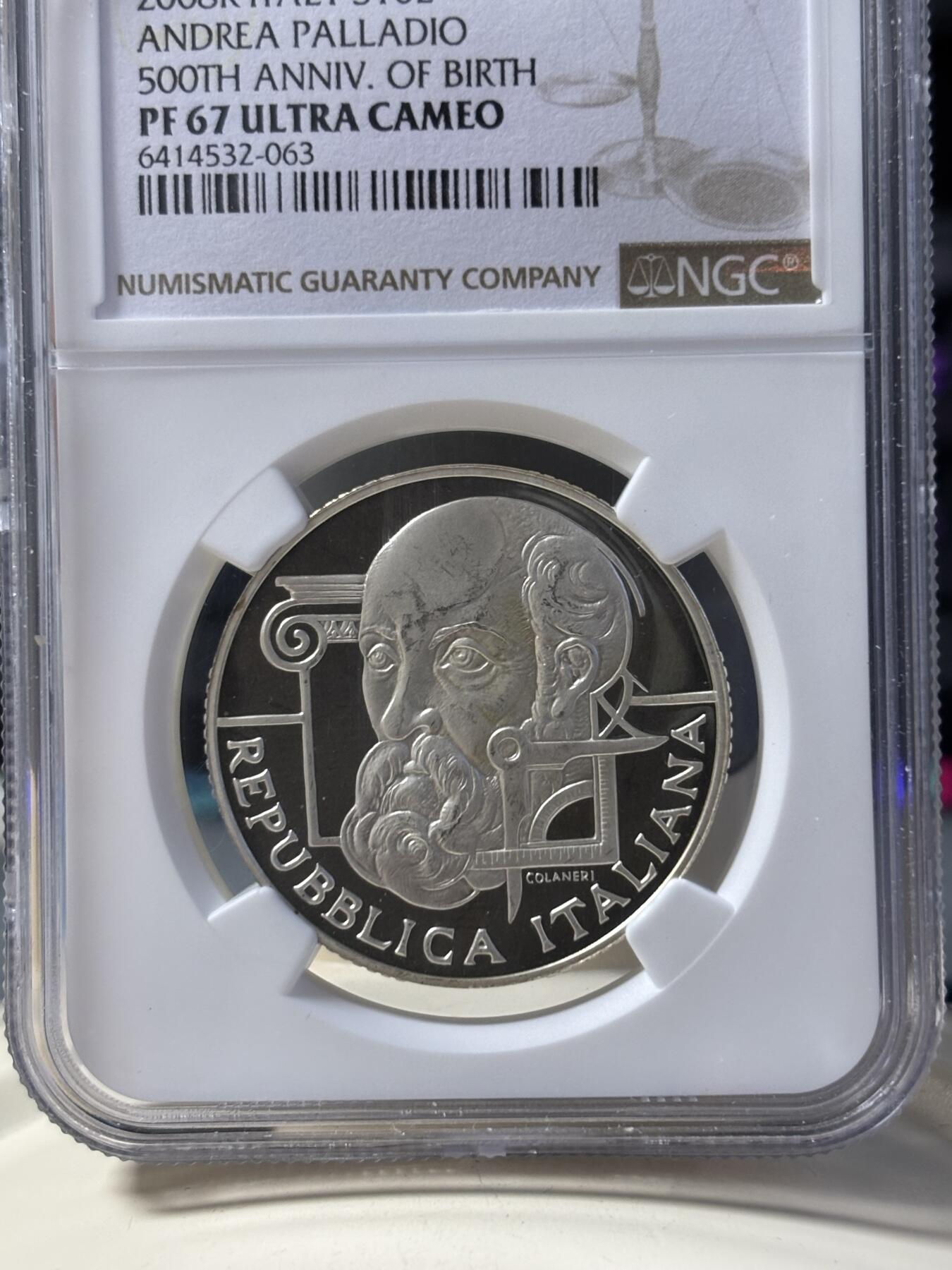 第182期拍卖 2008年意大利10欧元精制银币 欧洲之星系列-安德烈亚·帕拉第奥（意大利建筑师）诞辰500周年 NGC PF67UC（更高评分: 5枚），925银，22克，发行1万6千枚
