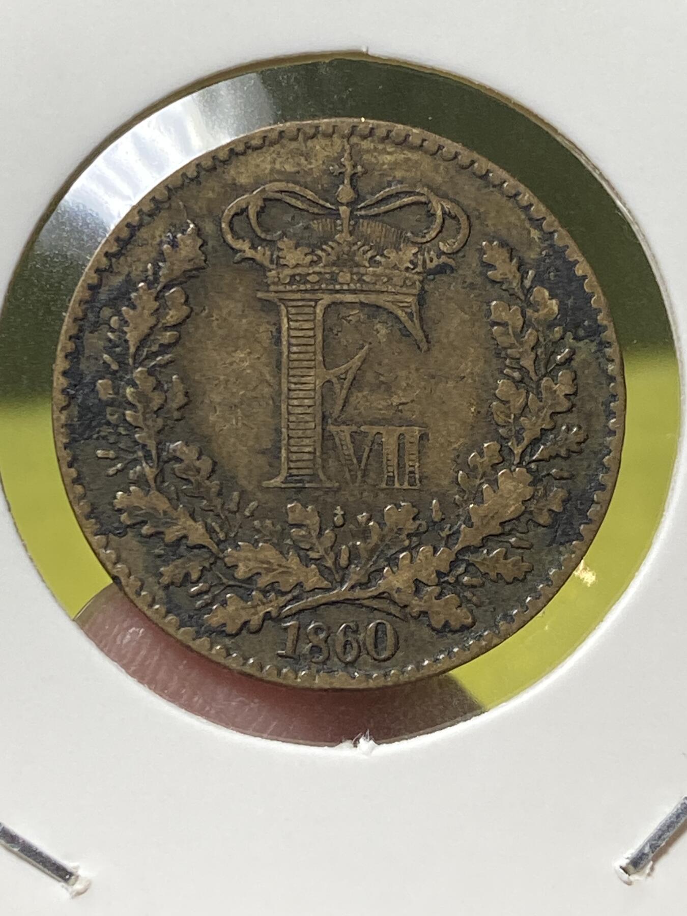 2025年第一百三十场(总第一百五十六场）外国好品纸夹散币场(免佣金) 少见品种–丹麦🇩🇰1860年1斯基林瑞斯曼(弗雷德里克七世时期，O版，汉堡阿尔托纳造)