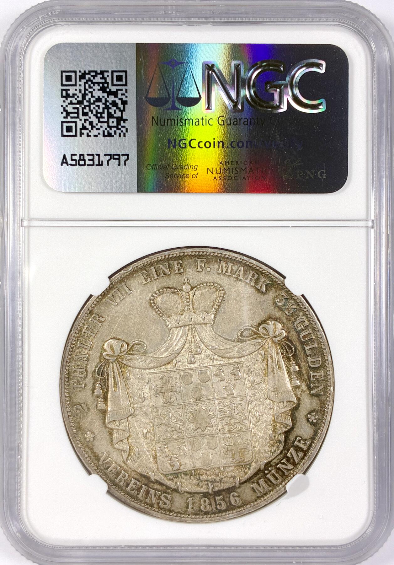 【雨安】【世界币章116期-评级币专场】2025-11-22 周六 19:30 保真【直播拍卖】 [评级德国] Germany 德国 德意志 2泰勒 Waldeck瓦尔德克 Thun.409 KM#0177 1856年 格奥尔格·维克多 1856年  NGC-AU55 原味欧洲淡美包浆 底板丝滑 严评