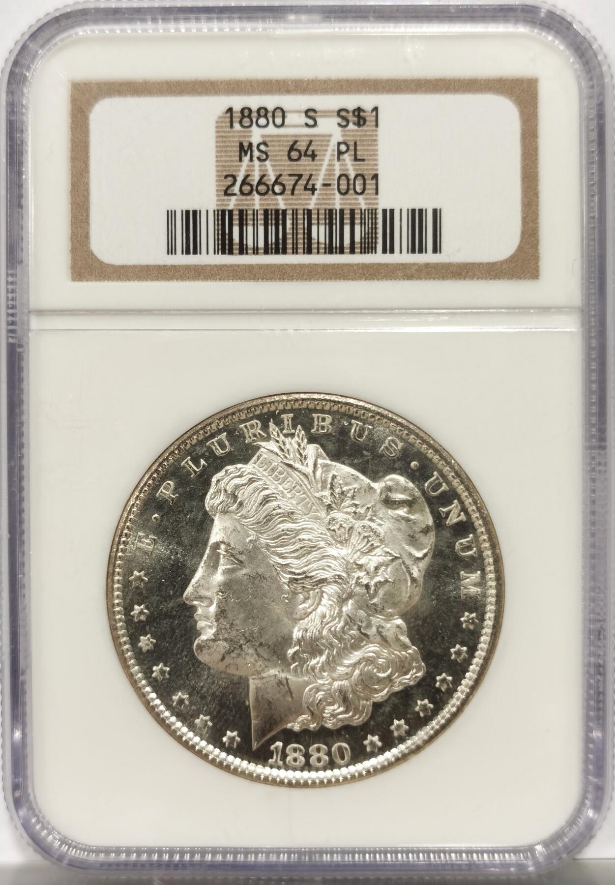 博洋堂藏家专场系列之美国钱币白金之夜专场暨第148期（全场包邮） NGC MS64PL 美国1880 S 摩根 老盒 镜面底板 霜感十足