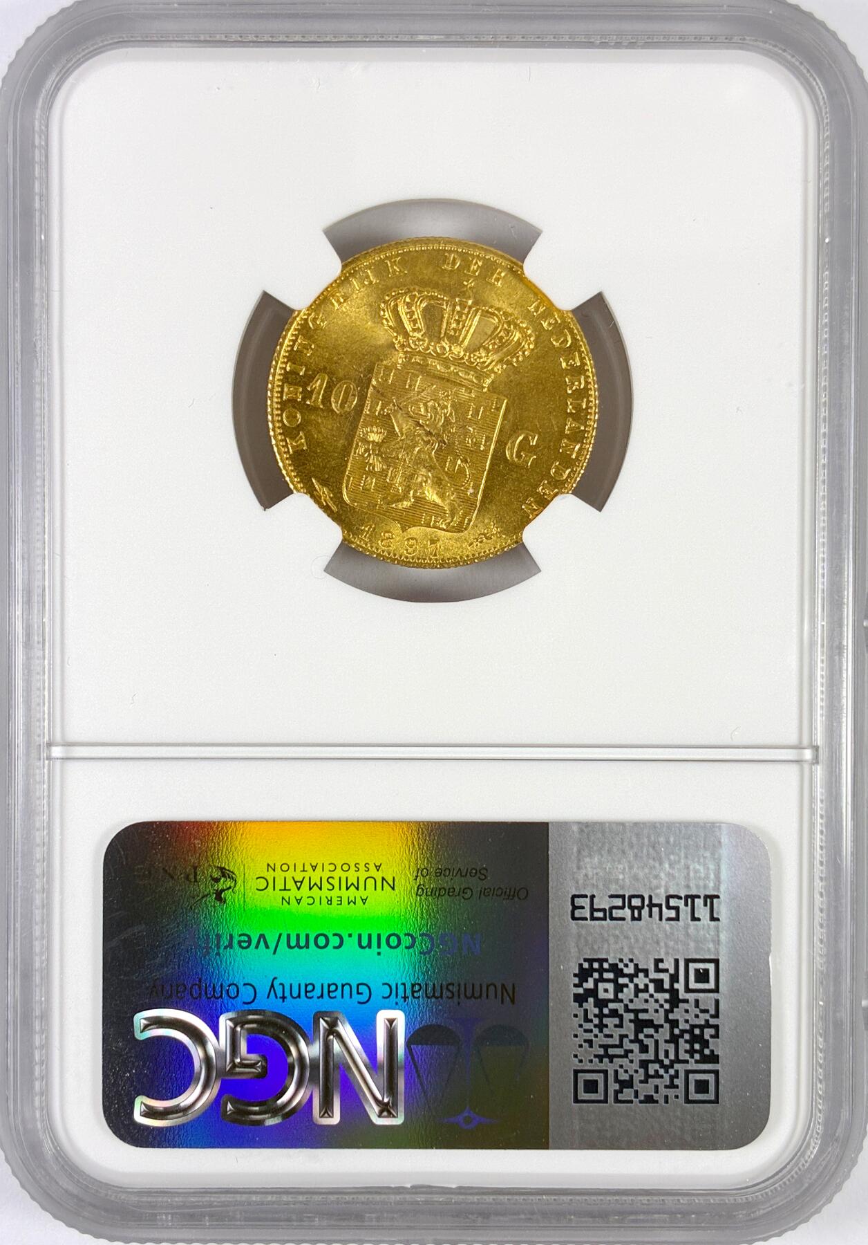 【雨安】【世界币章116期-评级币专场】2025-11-22 周六 19:30 保真【直播拍卖】 [金币] Netherlands 荷兰 王国 10盾 1897年 威廉明娜 少女  NGC-MS62