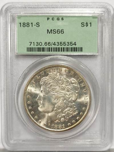博洋堂藏家专场系列之美国钱币白金之夜专场暨第148期（全场包邮） - PCGS MS66 美国1881 S 摩根 老绿盒 严评 鹰面月牙状彩虹包浆 完美品相