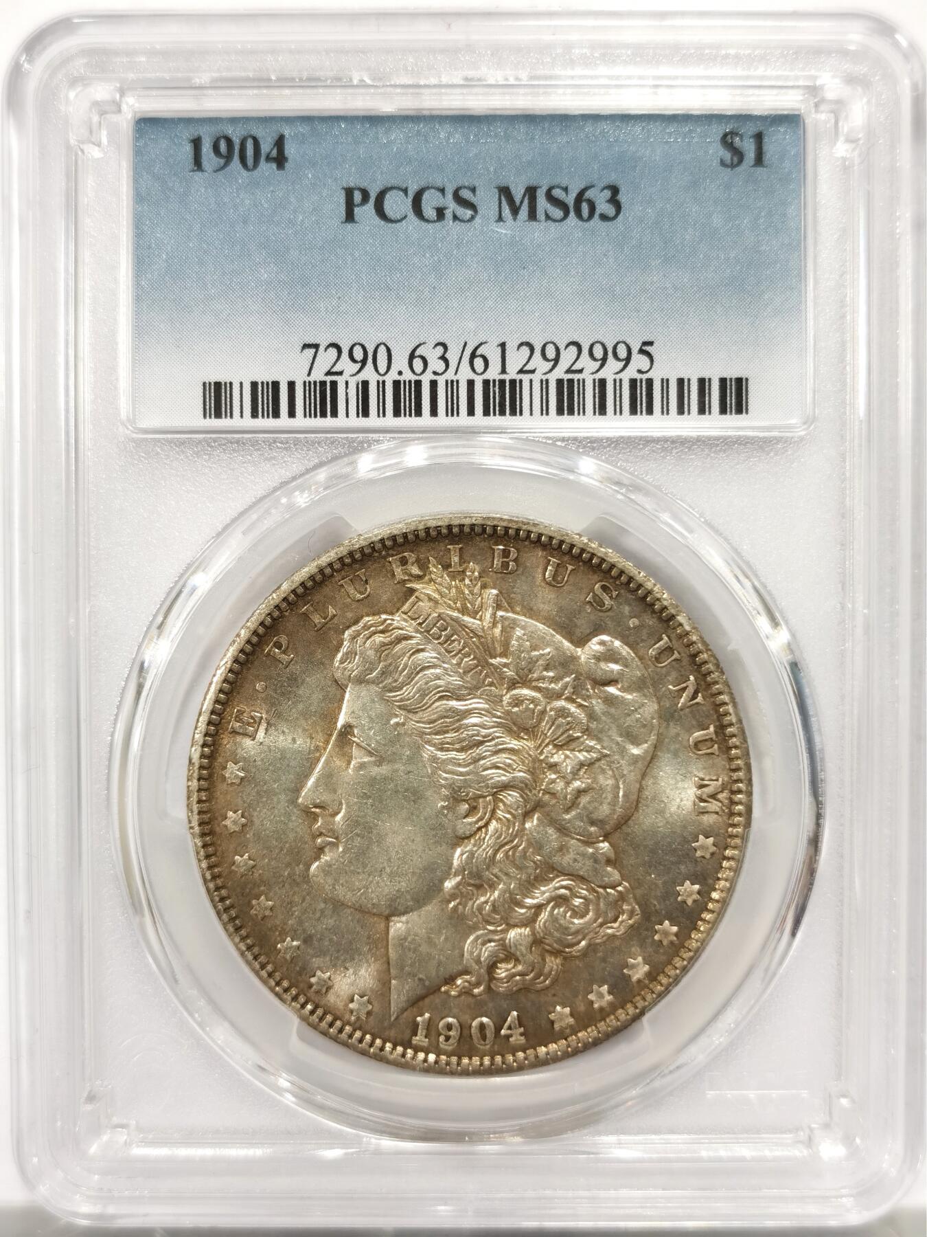 博洋堂藏家专场系列之美国钱币白金之夜专场暨第148期（全场包邮） PCGS MS63 美国1904 摩根 与1903年类似 作为摩根银元连续生产的最后一年 这批银币在法案中被大量熔毁 留存好品凤毛麟角 麦稀奇首见稀有版别 双面覆盖迷人老包浆 品相完美 绝佳的收藏品