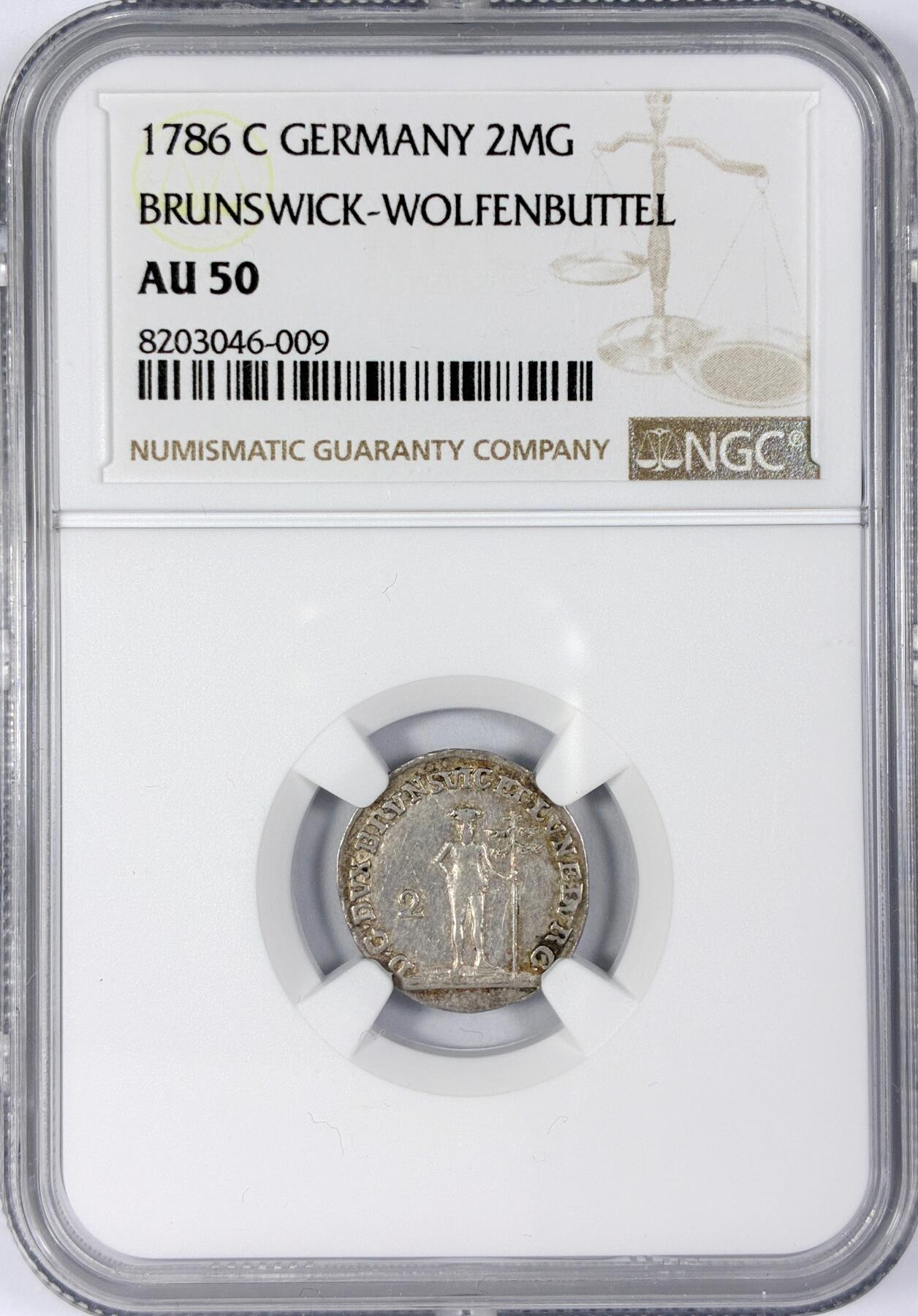 【雨安】【世界币章116期-评级币专场】2025-11-22 周六 19:30 保真【直播拍卖】 [评级德国] Germany 德国 德意志 不伦瑞克-沃尔芬比特尔 2MG 1786年  NGC-AU50