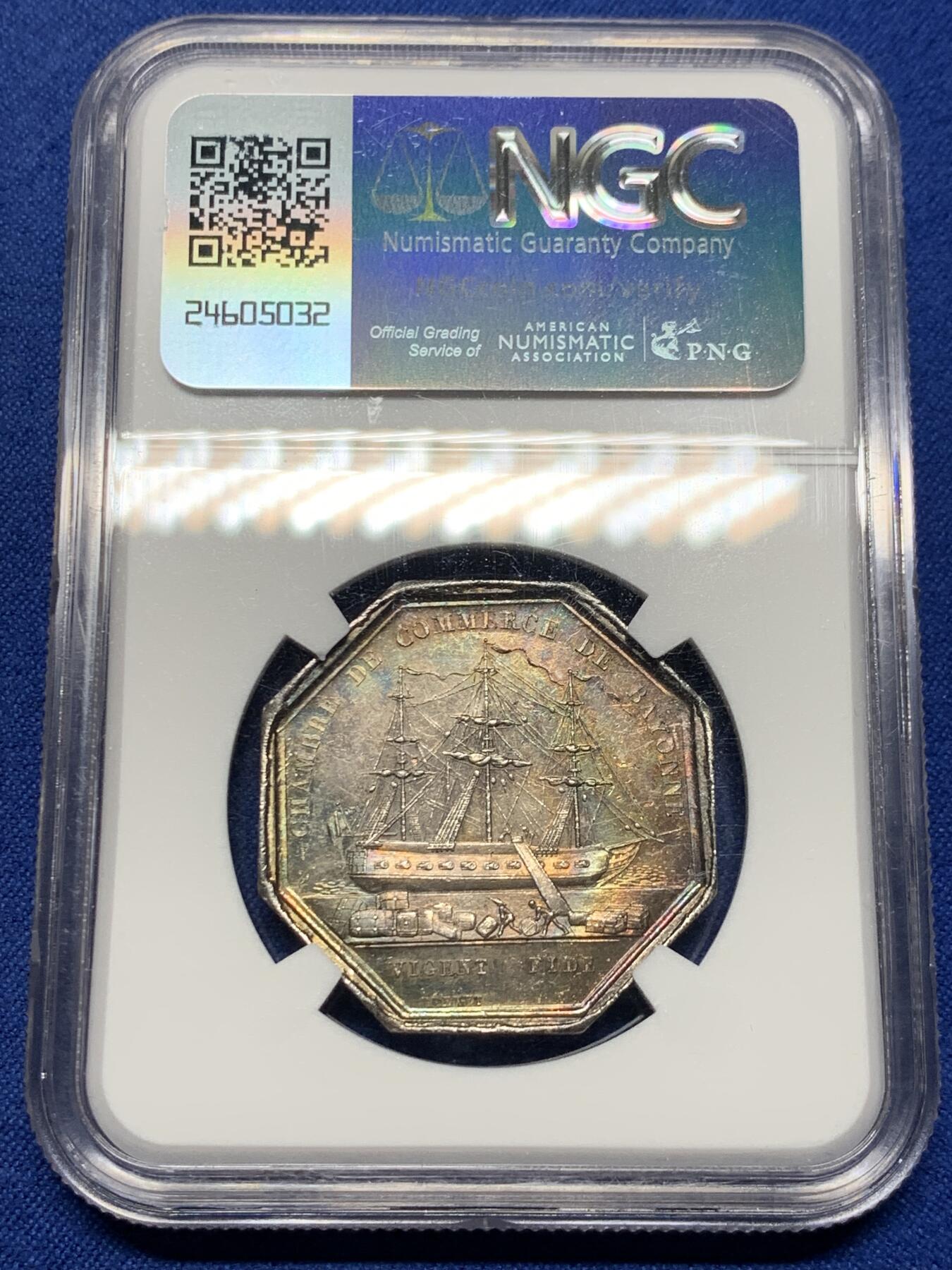 《竞宝斋》第440场 周日，周一，周二 3场连拍 （全场包邮） NGC MS64 法国巴约纳商会八角银章 极美五彩包浆