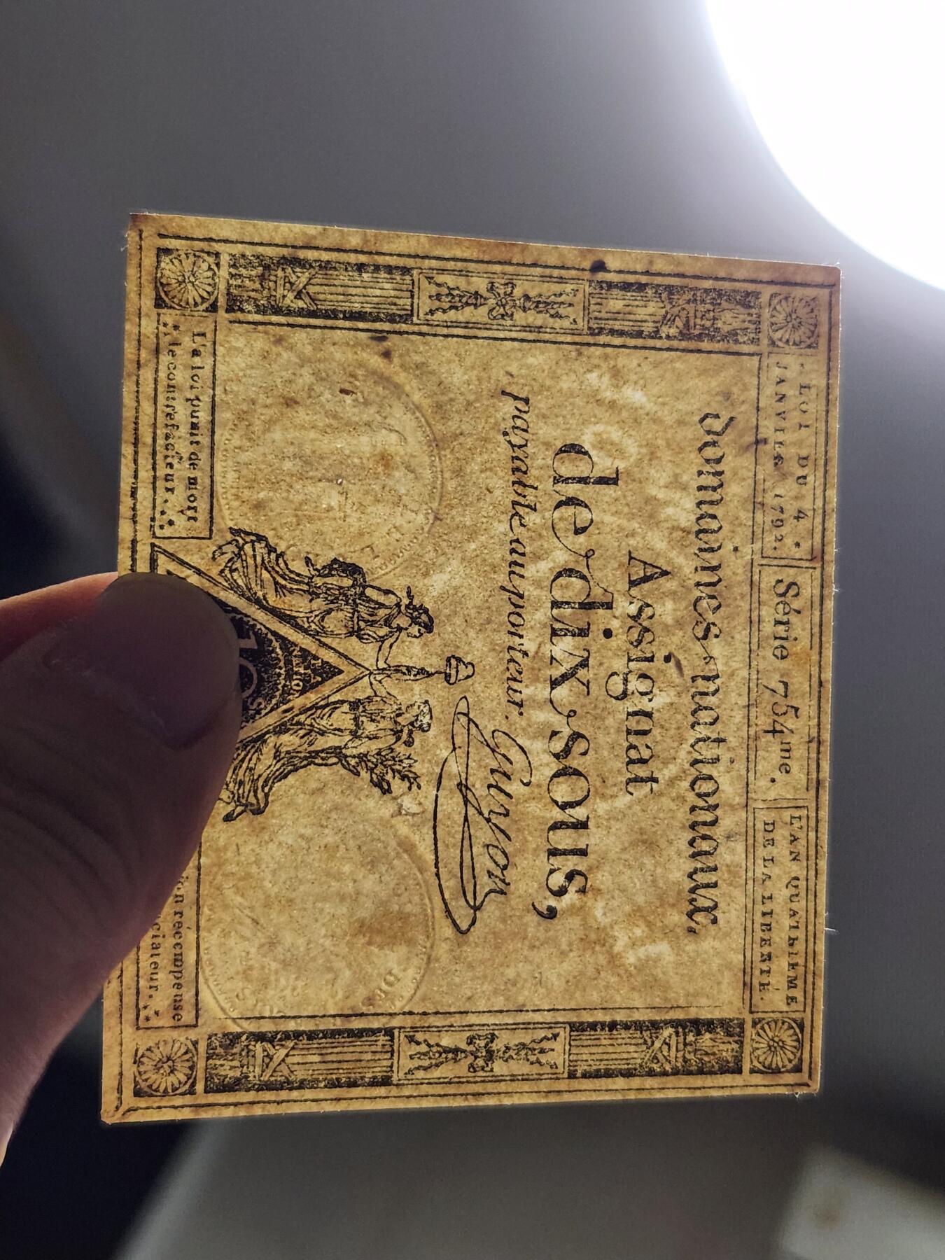 11月19号晚上8点 外国纸币自动截拍第61场 法国大革命时期 1793年 指券 (Assignat) 10苏 纸币