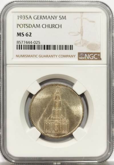 博洋堂世界钱币拍卖第147期（全场包邮） - NGC MS62 德国第三帝国1935年A版无字教堂5马克银币